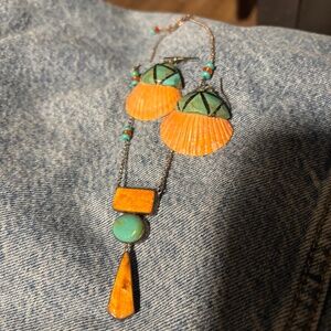 Native American Handmade Tribal Necklace Earrings Set Santo Domingo Kewa Shell *